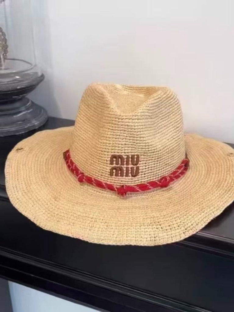 Miu Miu Woven Raffia Western Cowboy Sun Hat Embroidered Logo Red Strap